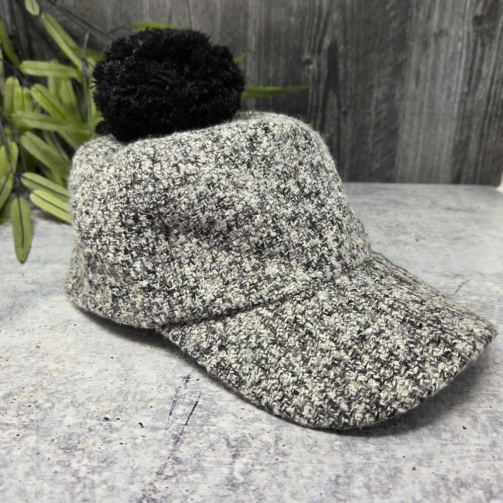 Black White Marled Baseball Cap with Black Pom Pom Velcro Back